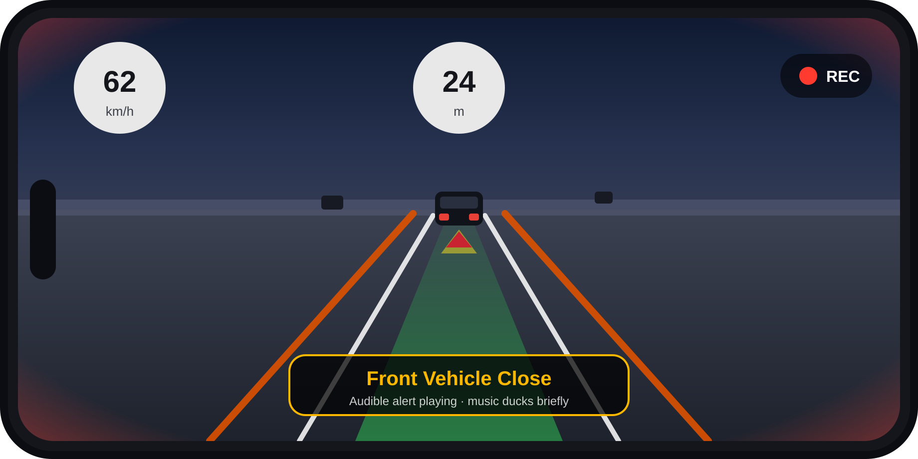 Good Driver dashboard in landscape: live road view with AI lane overlays, speed and lead-distance HUD, recording indicator, and a Front Vehicle Close alert