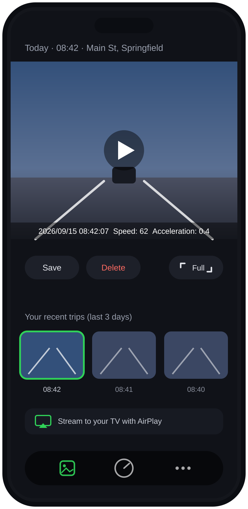 Good Driver Gallery screen with video player and thumbnail timeline