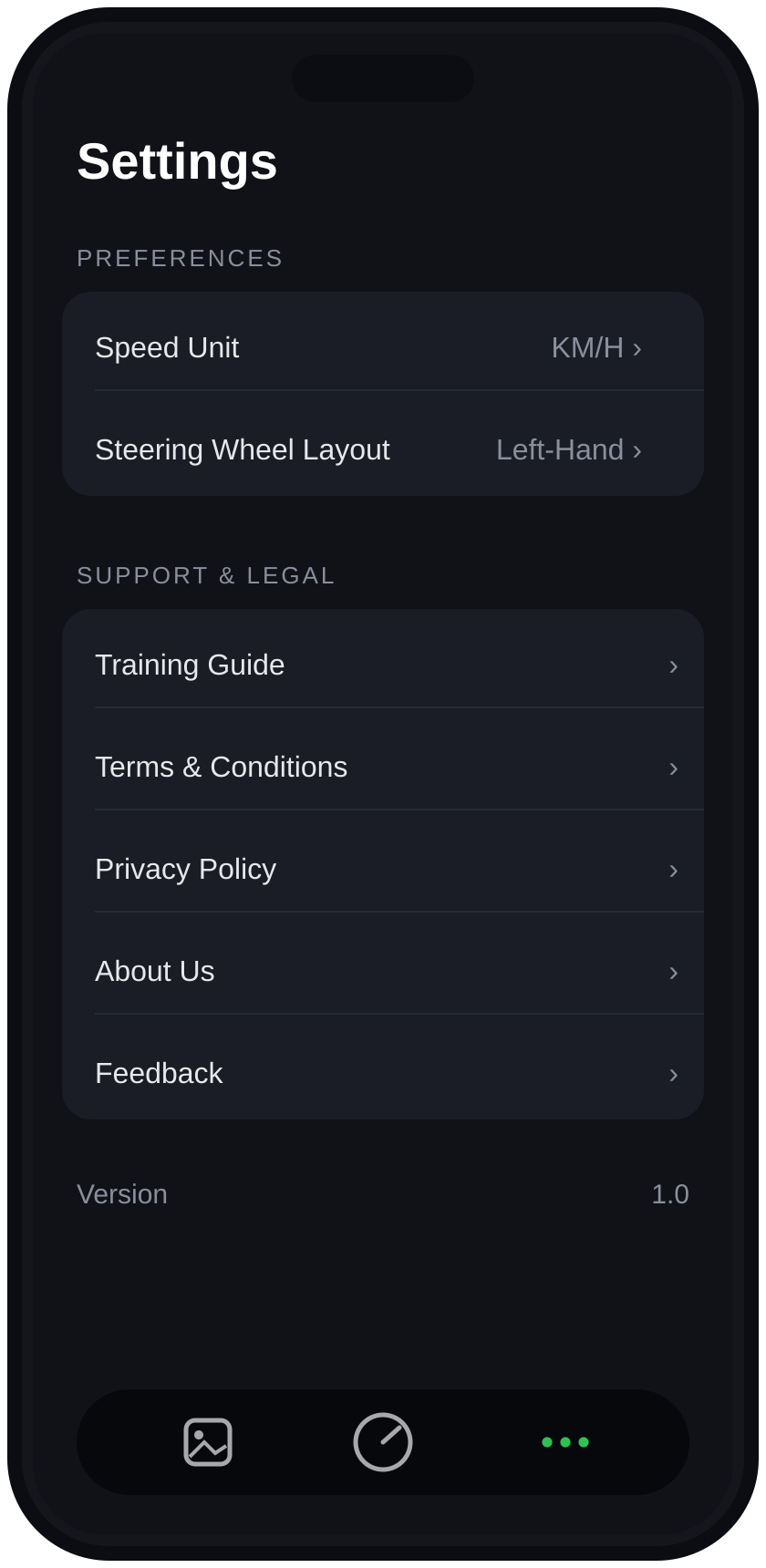 Good Driver Settings screen with Preferences (Speed Unit, Steering Wheel Layout) and Support and Legal sections